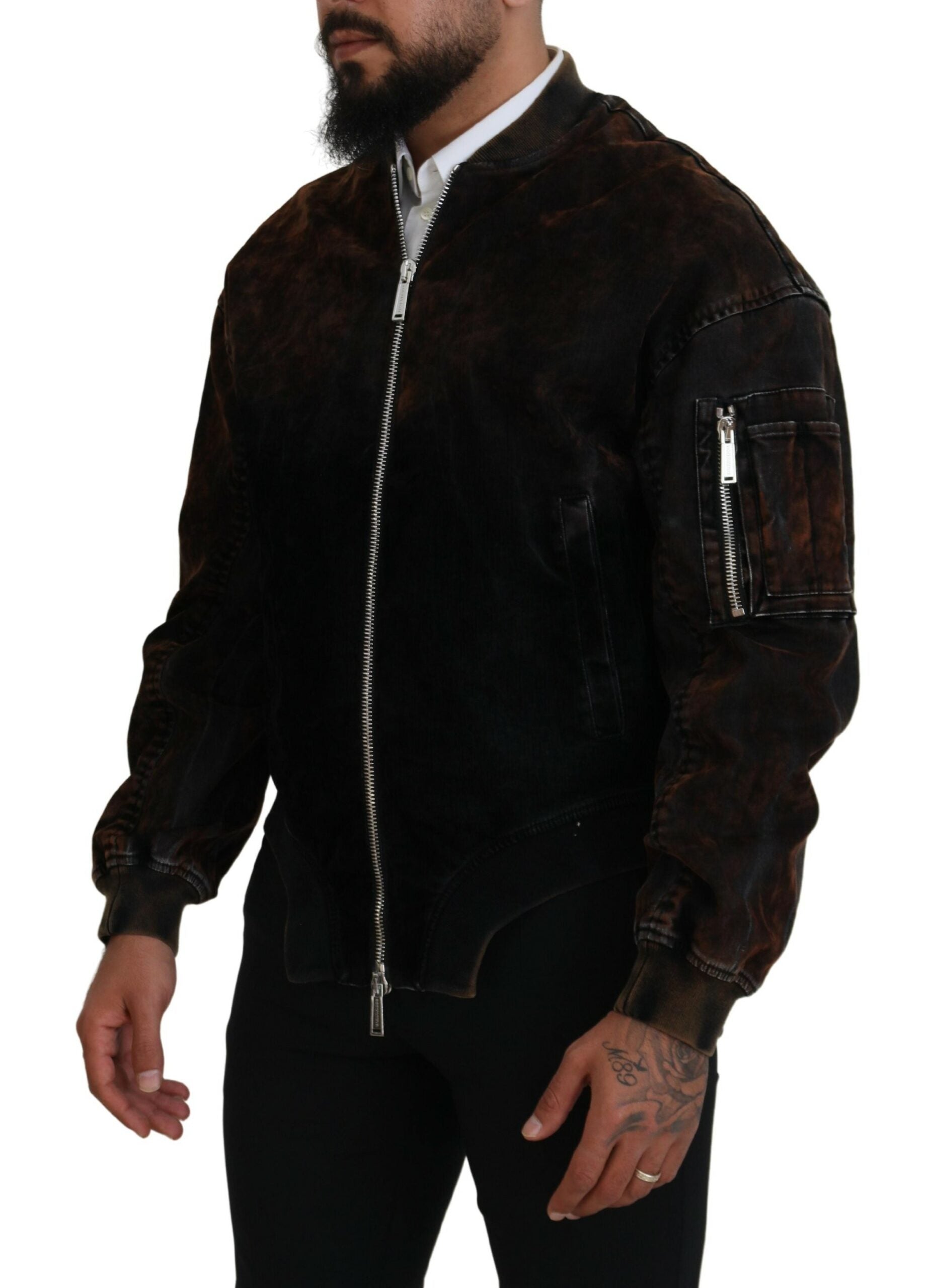 Fermuarlı cepli kollu Dsquared² kahverengi pamuklu bomber ceket